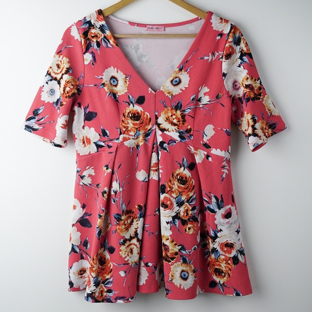 Hello MIZ Pink Floral V-Neck Pleated Maternity Top